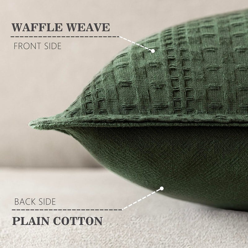 Foindtower Set of 2 Decorative Cotton Waffle Weave Throw Pillow Covers Euro Shams Cushion Covers Accent European Pillowcase for Bed Couch Sofa Bedroom Living Room Home Decor 24Ã—24 Inch Dark Green - Image 2