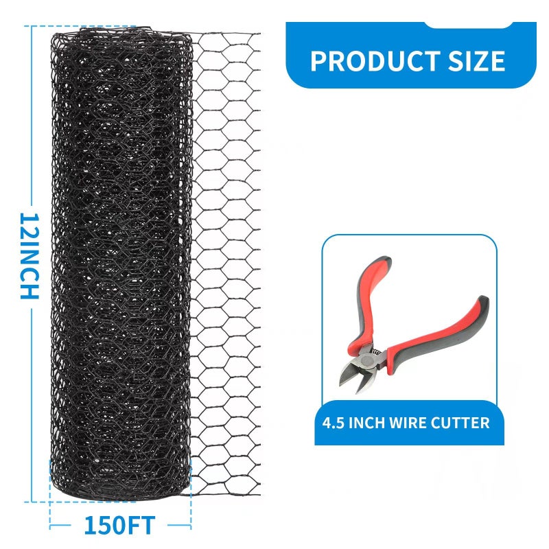 DOLEMODUO 12'' x 150' Black Chicken Wire Mesh Fence, 20 Gauge Galvanized Poultry Netting and 1 inch Garden Mesh Fence Roll, Chicken Wire for Floral Arrangements/Crafts/Farm/Livestock/Pet Protection - Image 3