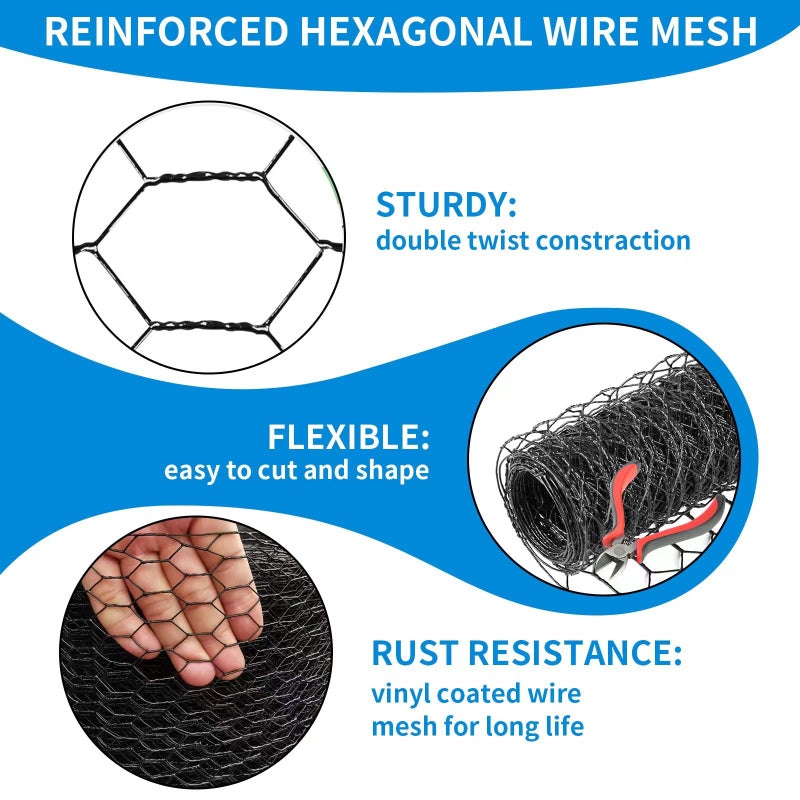 DOLEMODUO 12'' x 150' Black Chicken Wire Mesh Fence, 20 Gauge Galvanized Poultry Netting and 1 inch Garden Mesh Fence Roll, Chicken Wire for Floral Arrangements/Crafts/Farm/Livestock/Pet Protection - Image 2