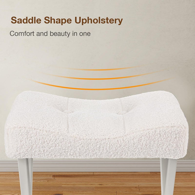 Memobarco 18-Inch Vanity Stool Chair, Vanity Bench with Metal X-Legs, Ottoman Accent Stool with Breathable and Soft Boucle Fabric Saddle Seat, White - Image 3
