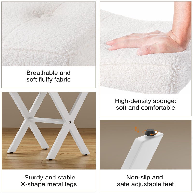 Memobarco 18-Inch Vanity Stool Chair, Vanity Bench with Metal X-Legs, Ottoman Accent Stool with Breathable and Soft Boucle Fabric Saddle Seat, White - Image 4