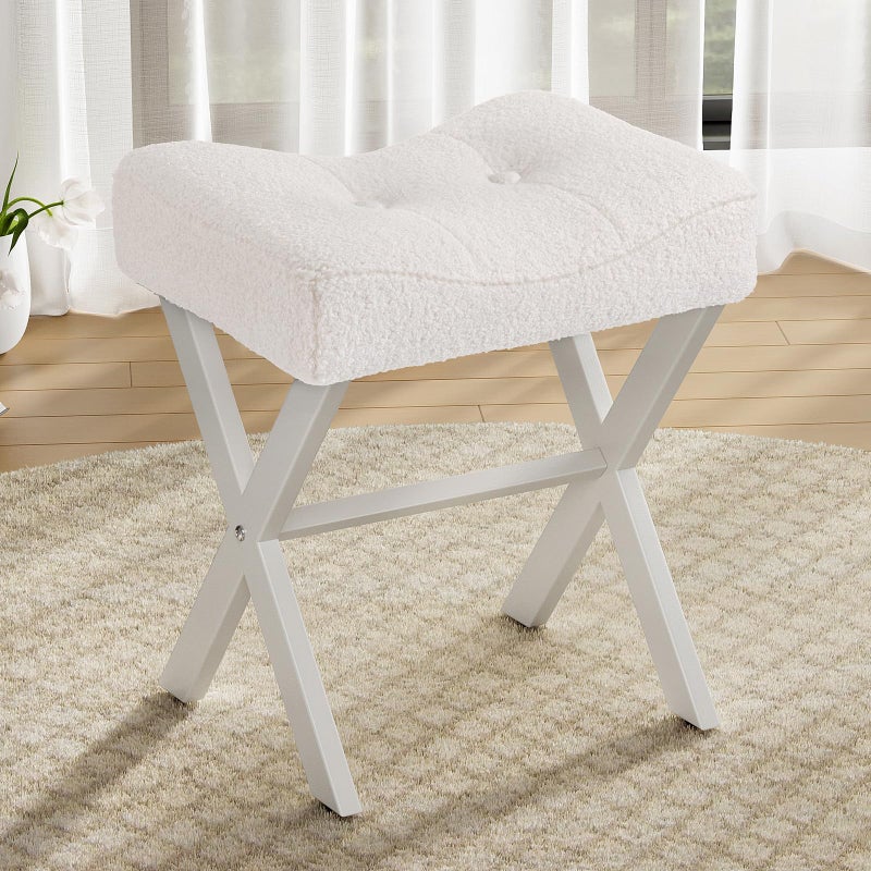Memobarco 18-Inch Vanity Stool Chair, Vanity Bench with Metal X-Legs, Ottoman Accent Stool with Breathable and Soft Boucle Fabric Saddle Seat, White - Image 1