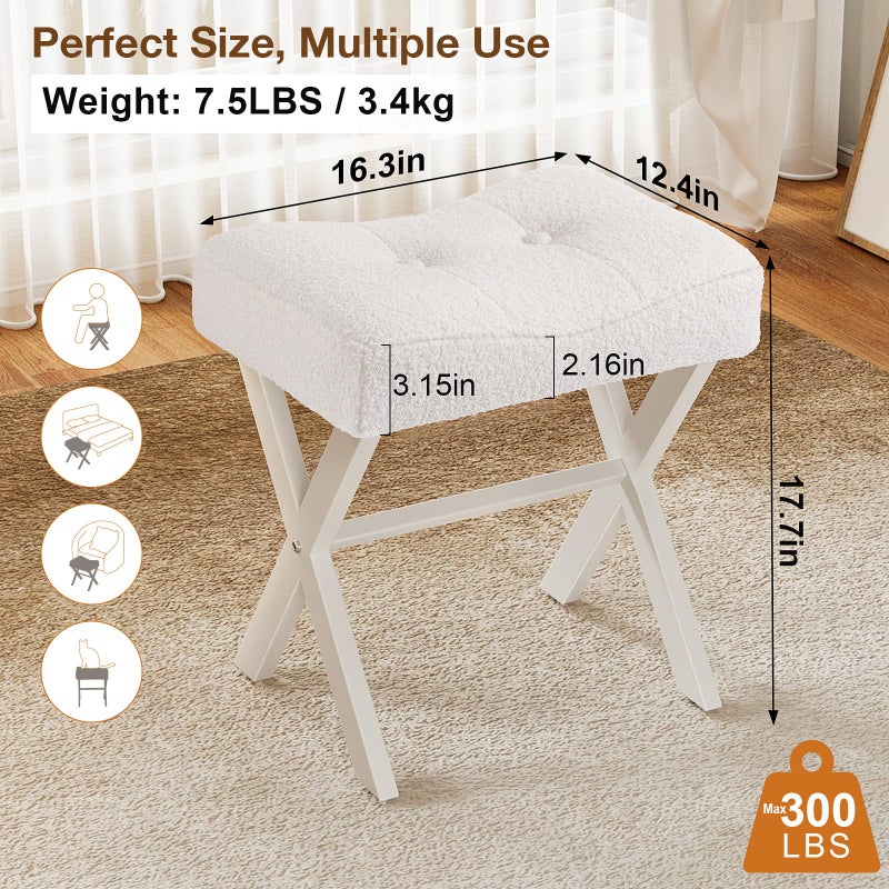 Memobarco 18-Inch Vanity Stool Chair, Vanity Bench with Metal X-Legs, Ottoman Accent Stool with Breathable and Soft Boucle Fabric Saddle Seat, White - Image 2