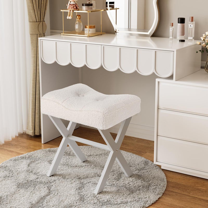 Memobarco 18-Inch Vanity Stool Chair, Vanity Bench with Metal X-Legs, Ottoman Accent Stool with Breathable and Soft Boucle Fabric Saddle Seat, White - Image 5