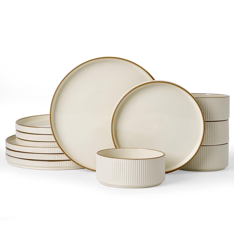 Famiware Star Dinnerware Set, Plates and Bowls Sets for 4 (12pcs), Ribbed Stoneware Dishes with Trim - Chip & Scratch Resistant, Microwave & Dishwasher Safe, Cream - Image 1