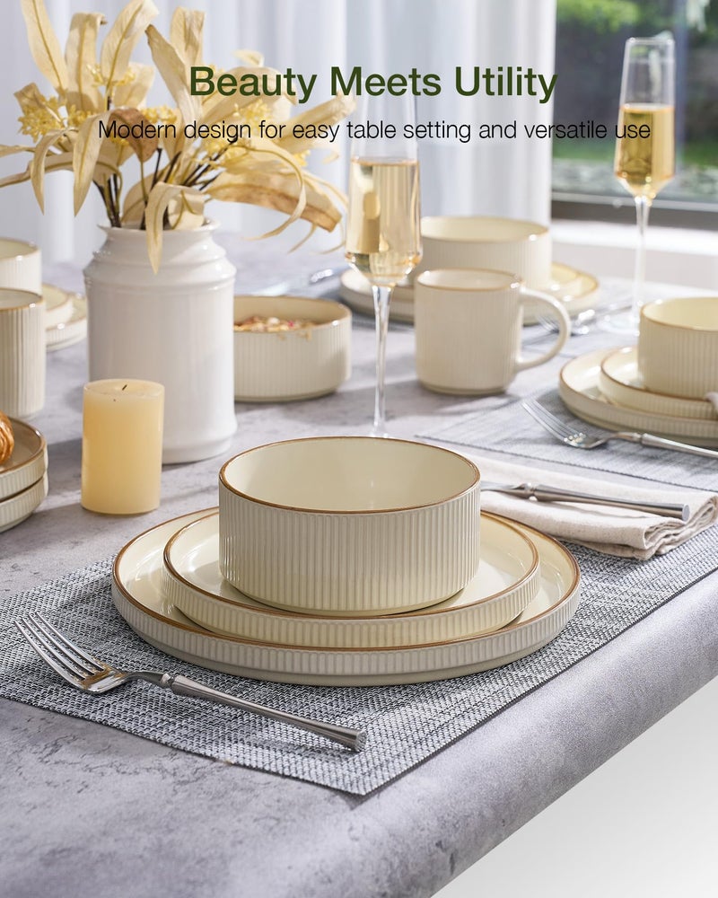 Famiware Star Dinnerware Set, Plates and Bowls Sets for 4 (12pcs), Ribbed Stoneware Dishes with Trim - Chip & Scratch Resistant, Microwave & Dishwasher Safe, Cream - Image 2