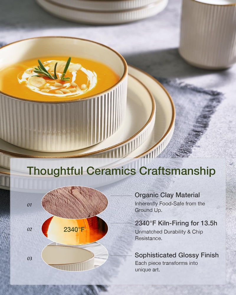 Famiware Star Dinnerware Set, Plates and Bowls Sets for 4 (12pcs), Ribbed Stoneware Dishes with Trim - Chip & Scratch Resistant, Microwave & Dishwasher Safe, Cream - Image 5