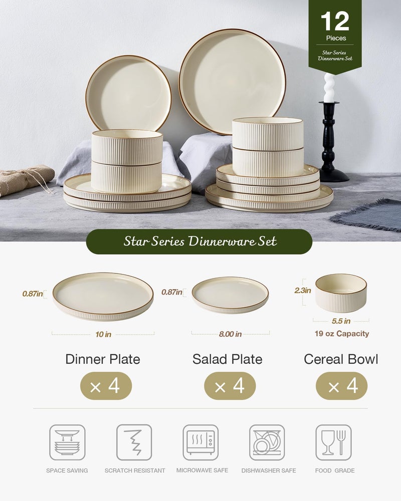 Famiware Star Dinnerware Set, Plates and Bowls Sets for 4 (12pcs), Ribbed Stoneware Dishes with Trim - Chip & Scratch Resistant, Microwave & Dishwasher Safe, Cream - Image 3