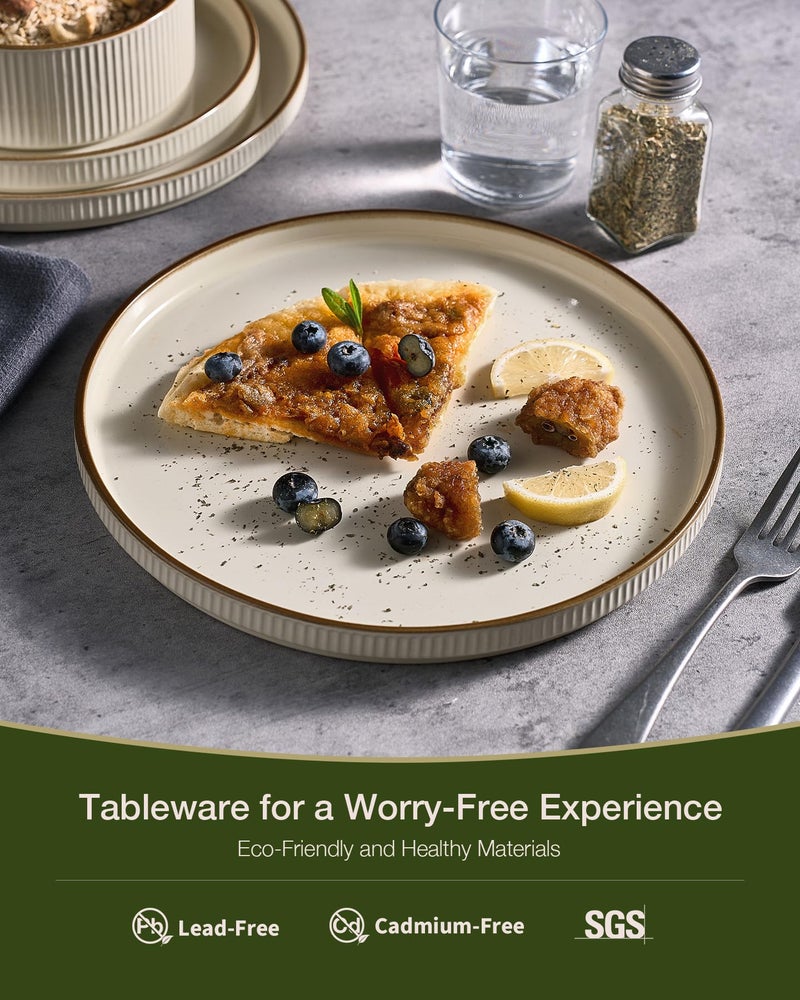 Famiware Star Dinnerware Set, Plates and Bowls Sets for 4 (12pcs), Ribbed Stoneware Dishes with Trim - Chip & Scratch Resistant, Microwave & Dishwasher Safe, Cream - Image 4