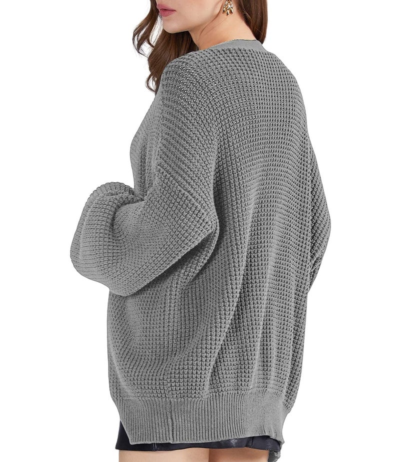 QUALFORT Women's Cardigan Sweaters for Women 100% Cotton Button-Down Long Sleeve Oversized Knit Coats Heathergrey XX-Large - Image 3