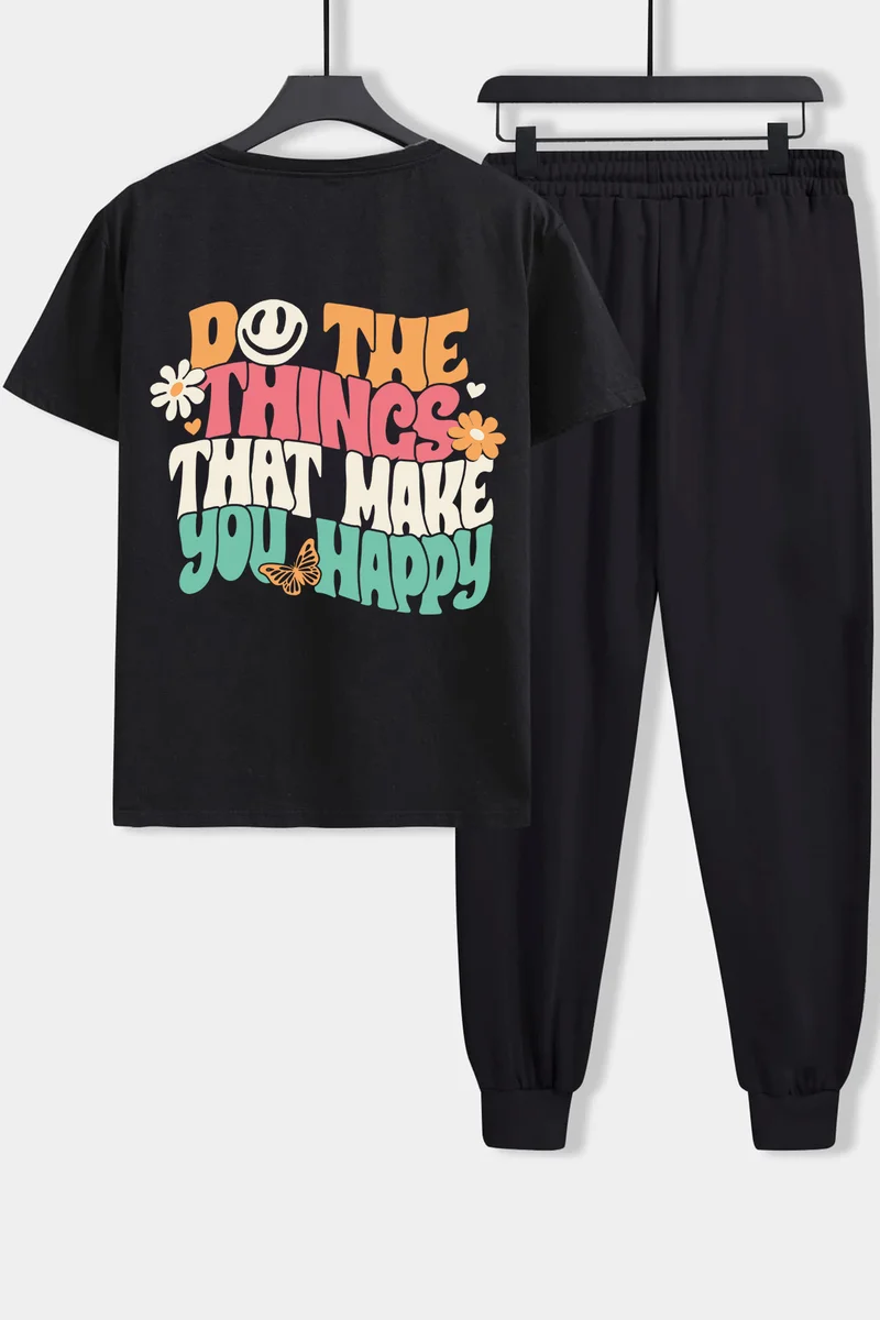 ONLYTRENDWEAR Unisex Do The Things That Make You Happy Printed 2-Piece Tracksuit Set S.m. Black
