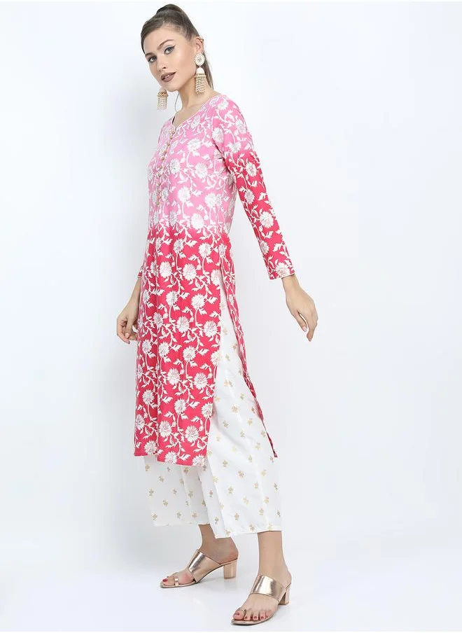 فيشود Women Pink and White Floral Printed Kurta Set with Dupatta by Styli