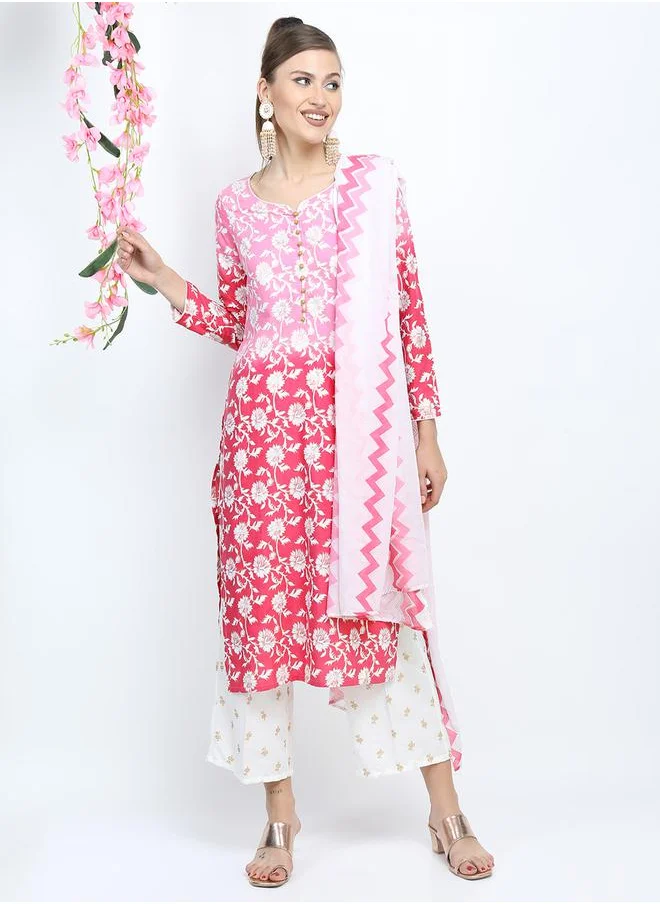 فيشود Women Pink and White Floral Printed Kurta Set with Dupatta by Styli