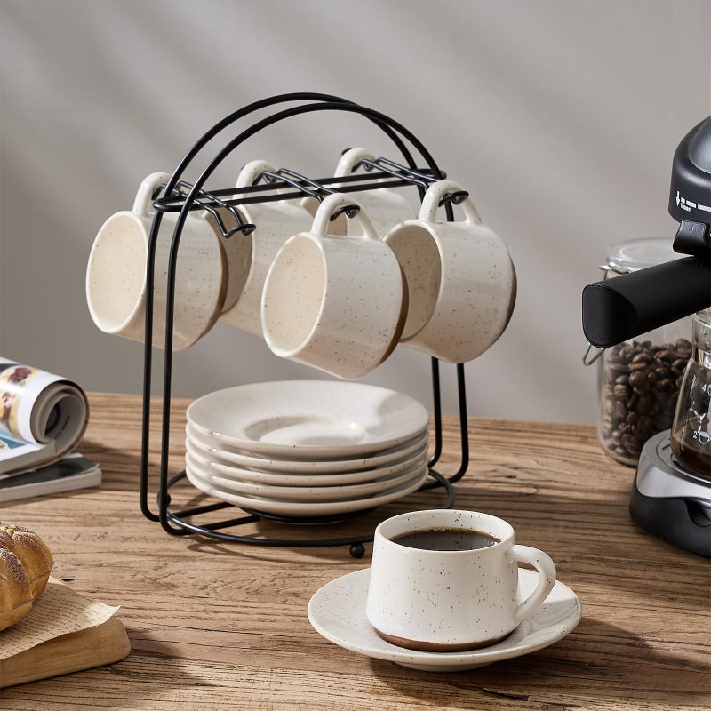 SIDUCAL Stackable Cappuccino Cup Set of 6 [4 oz] Ceramic Coffee Cups with Saucers and Cup Holder,Microwave/Dishwasher Safe,Espresso Demitasse Cups(White) - Image 3