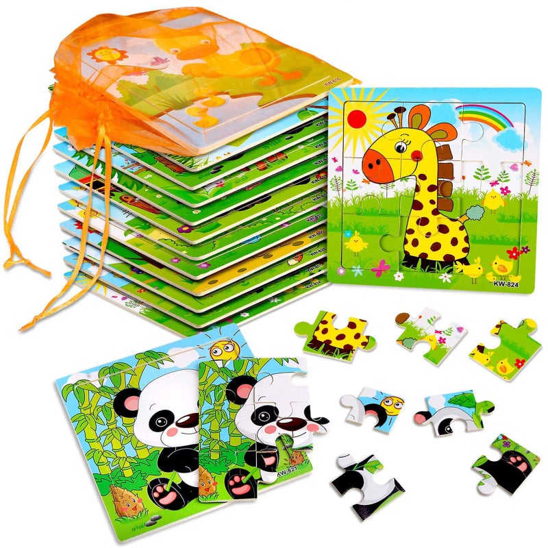 SANNIX 12 Pack Jigsaw Puzzles for Toddlers Wooden Animals Jigsaw Puzzles 9 pcs with 12 Organize Bags for Kids Ages 2 3 4 5 Preschool Educational Puzzles Learning Travel Toys for Boys and Girls - Image 1