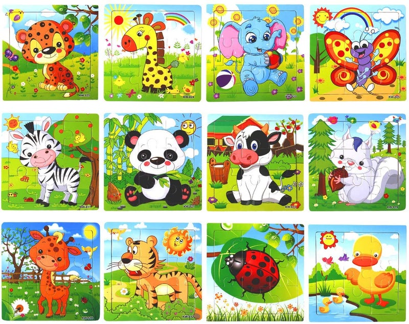 SANNIX 12 Pack Jigsaw Puzzles for Toddlers Wooden Animals Jigsaw Puzzles 9 pcs with 12 Organize Bags for Kids Ages 2 3 4 5 Preschool Educational Puzzles Learning Travel Toys for Boys and Girls - Image 2