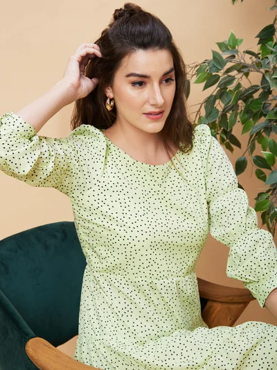 globus Women Lime Green Conversational Printed Gathered Tiered A-Line Dress