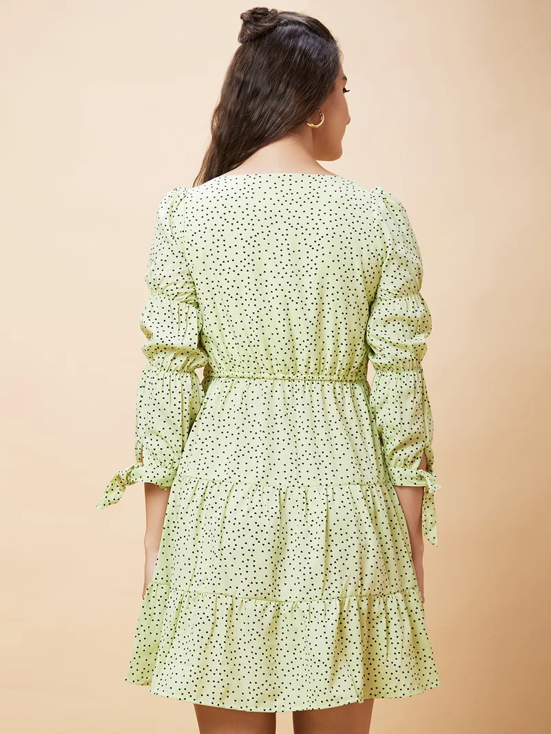 globus Women Lime Green Conversational Printed Gathered Tiered A-Line Dress