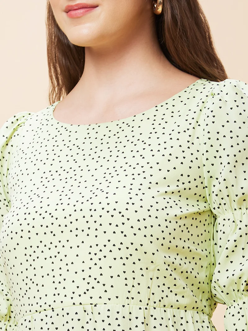 globus Women Lime Green Conversational Printed Gathered Tiered A-Line Dress
