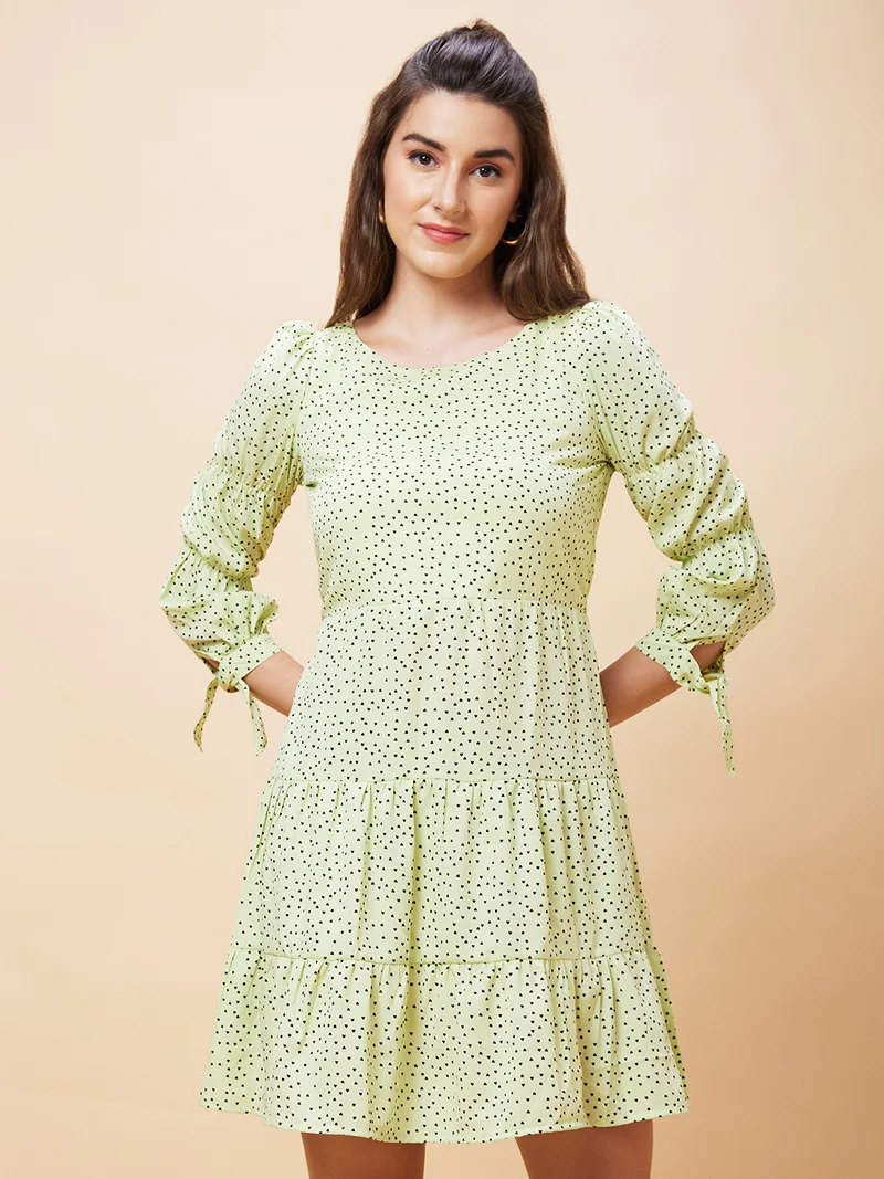 globus Women Lime Green Conversational Printed Gathered Tiered A-Line Dress