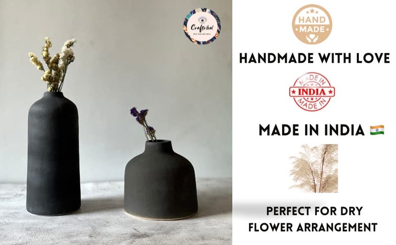 Craftribal Decorative Ceramic Flower Vase | vase for Home Decor | Living Room vase | Home Decor Centrepiece, Matte Finish, 9.5 & 6 inches, Black, (Pack of 2) - Image 4