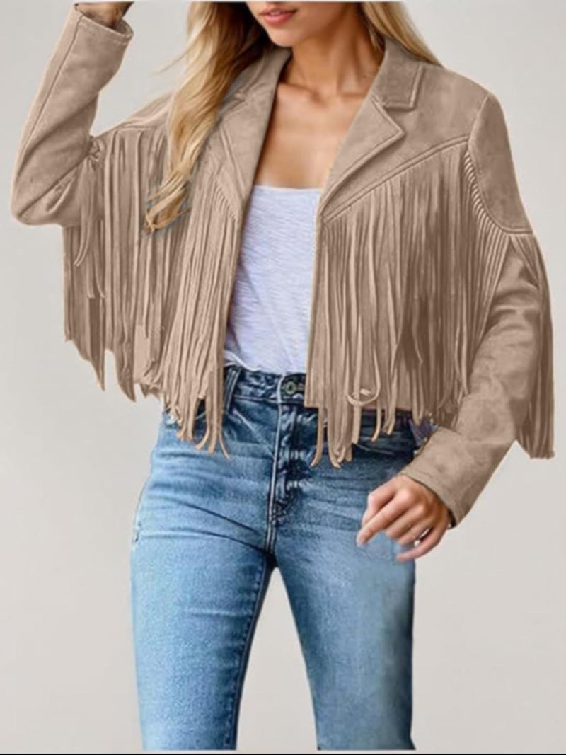 Bibowa Faux Leather Jackets For Women Trendy Cowgirl Outfits Fall Western Fringe Cropped Jacket 2025 Tassel Motorcycle Crop Coats Winter Apricot M - Image 3