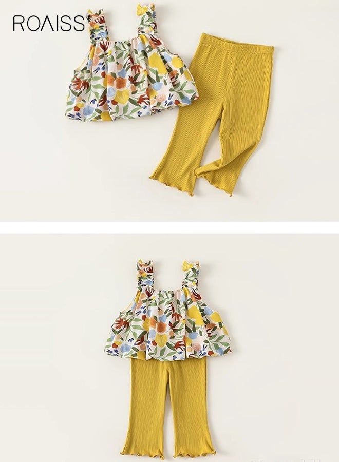 roaiss Girls 2 Piece Outfit, Sleeveless Top and Long Pants Set, Kids Stylish Clothing Set with Floral Print Camisole and Flared Trousers, Perfect Outfit for Summer  - Image 3