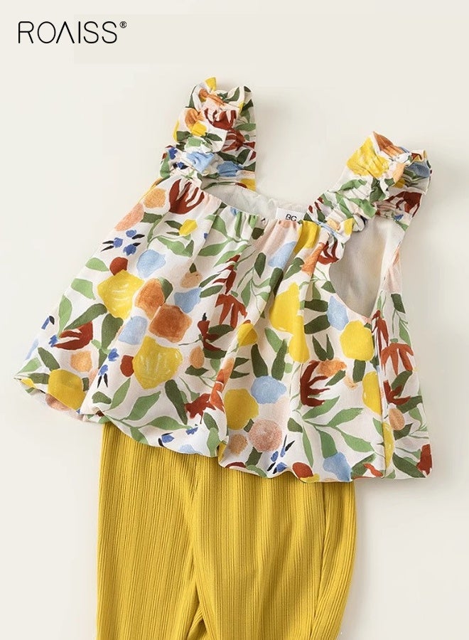 roaiss Girls 2 Piece Outfit, Sleeveless Top and Long Pants Set, Kids Stylish Clothing Set with Floral Print Camisole and Flared Trousers, Perfect Outfit for Summer  - Image 2