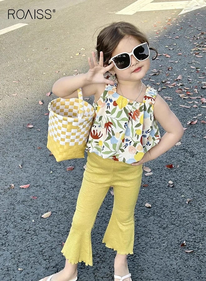 roaiss Girls 2 Piece Outfit, Sleeveless Top and Long Pants Set, Kids Stylish Clothing Set with Floral Print Camisole and Flared Trousers, Perfect Outfit for Summer  - Image 5