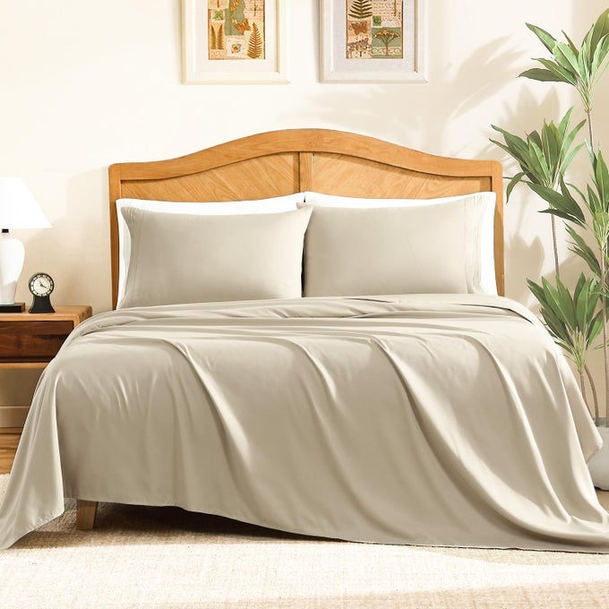 HOME SHEET SET QUEEN SIZE 4PIECE BEDDING LIGHTWEIGHT SUPER SOFT EASY CARE MICROFIBER SHRINKAGE FADE RESISTANT BEDDING SET WITH 14 DEEP POCKETS SANDY BEIGE