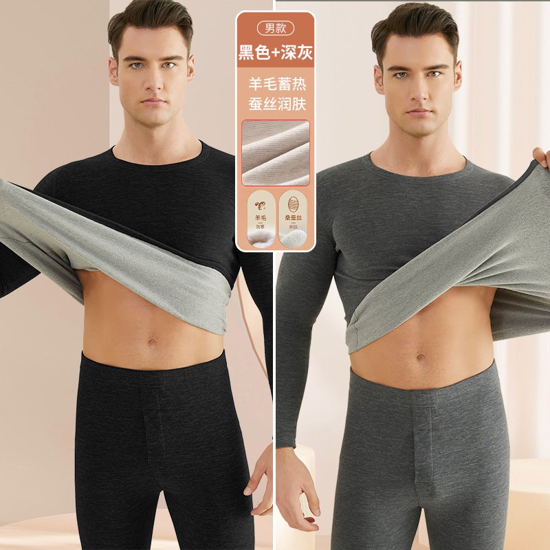 New Cashmere Silk Thermal Underwear Men'S Suit Round Neck Cold-Proof Fleece-Lined Base Warm Clothes - Image 1