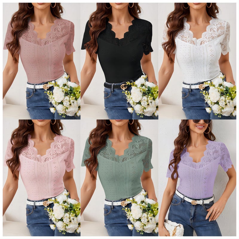 Women's Lace Patchwork V-Neck Slim Fit Short Sleeve T-Shirt - Image 4