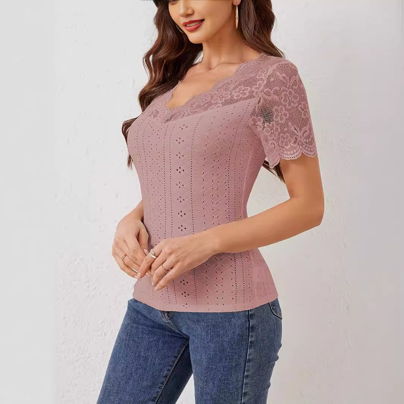 Women's Lace Patchwork V-Neck Slim Fit Short Sleeve T-Shirt - Image 3