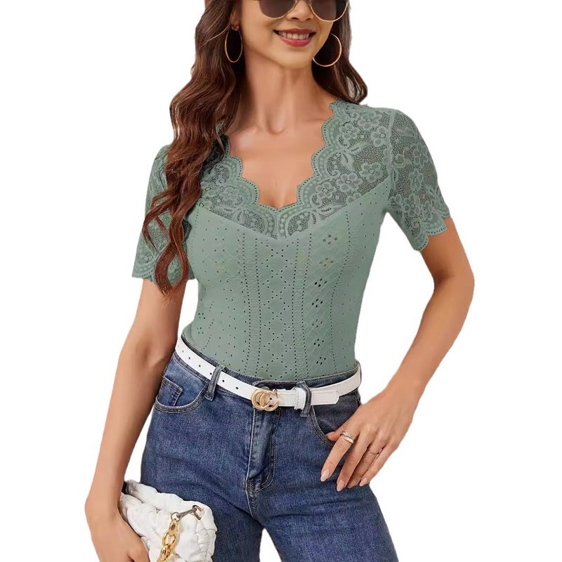 Women's Lace Patchwork V-Neck Slim Fit Short Sleeve T-Shirt - Image 5