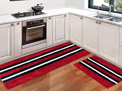 SKIVE India Kitchen Mat and Runner with Anti Skid Backing,Colour Black patta Red Set of 2 (40x120(40 x 60) CM - Image 1