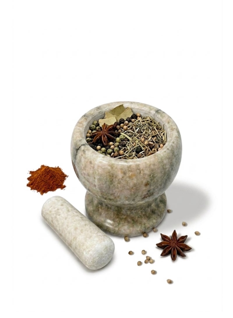 Natural Marble Mortar & Pestle Set - 13cm Height - For Grinding Spices, Garlic & Fresh Herbs - Image 2