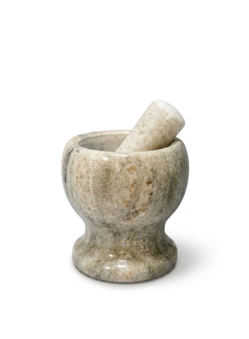 Natural Marble Mortar & Pestle Set - 13cm Height - For Grinding Spices, Garlic & Fresh Herbs - Image 1