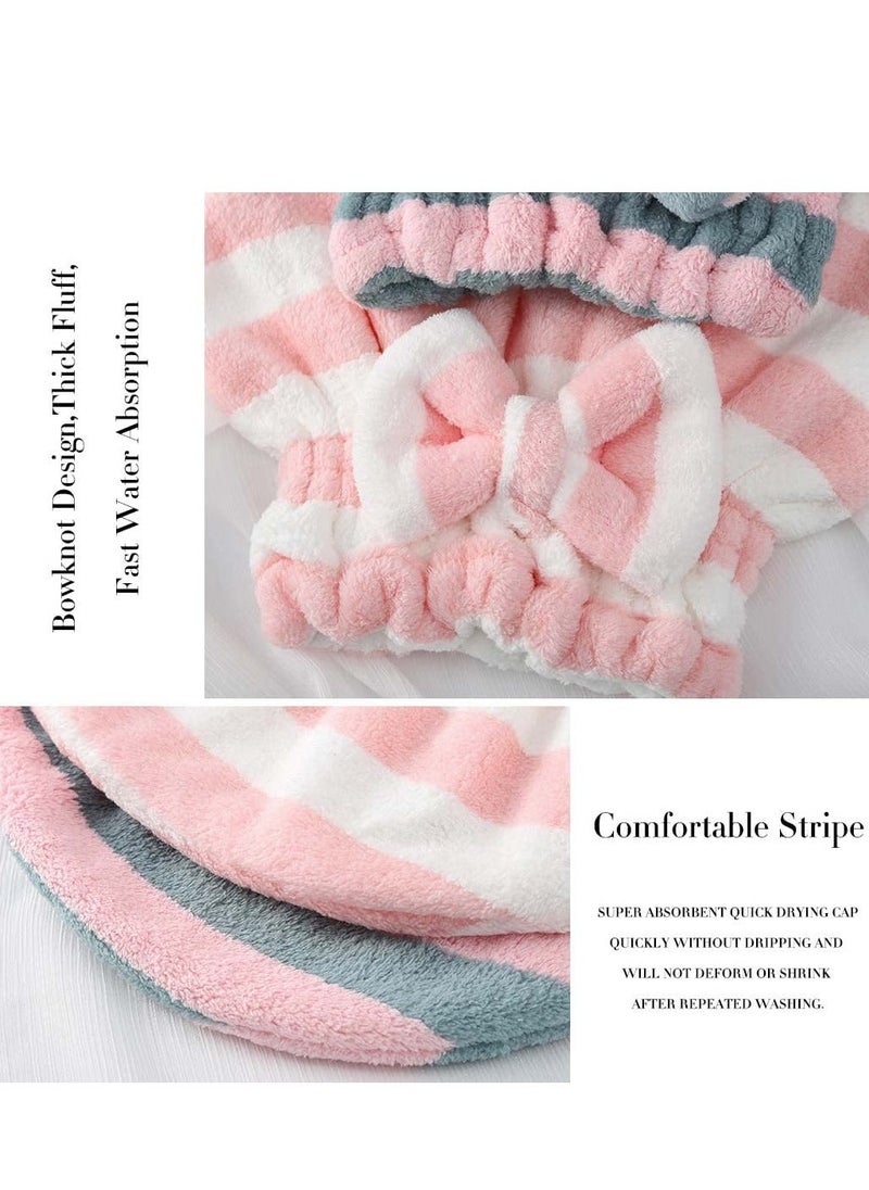 Y&D Microfiber Hair Dry Cap Absorbent Quick Drying Soft Towel Stripe with Bow-Knot Shower for Women and Girls 2Pcs (Pink Blue & Pink White)  - Image 4