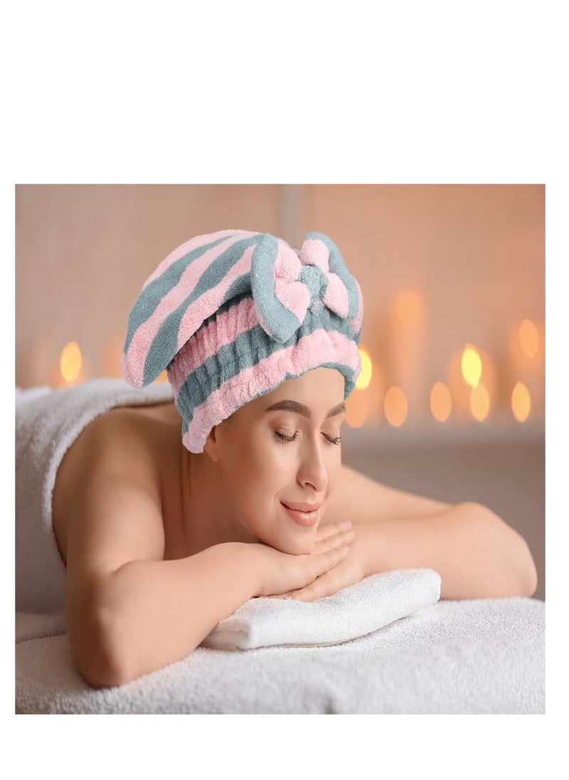 Y&D Microfiber Hair Dry Cap Absorbent Quick Drying Soft Towel Stripe with Bow-Knot Shower for Women and Girls 2Pcs (Pink Blue & Pink White)  - Image 3