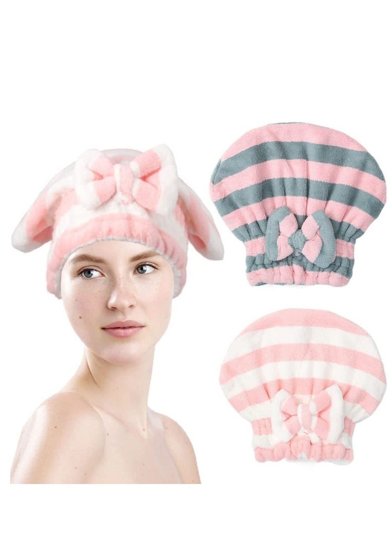 Y&D Microfiber Hair Dry Cap Absorbent Quick Drying Soft Towel Stripe with Bow-Knot Shower for Women and Girls 2Pcs (Pink Blue & Pink White)  - Image 1