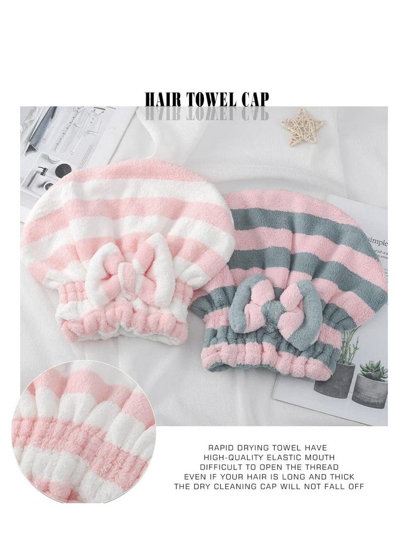 Y&D Microfiber Hair Dry Cap Absorbent Quick Drying Soft Towel Stripe with Bow-Knot Shower for Women and Girls 2Pcs (Pink Blue & Pink White)  - Image 5
