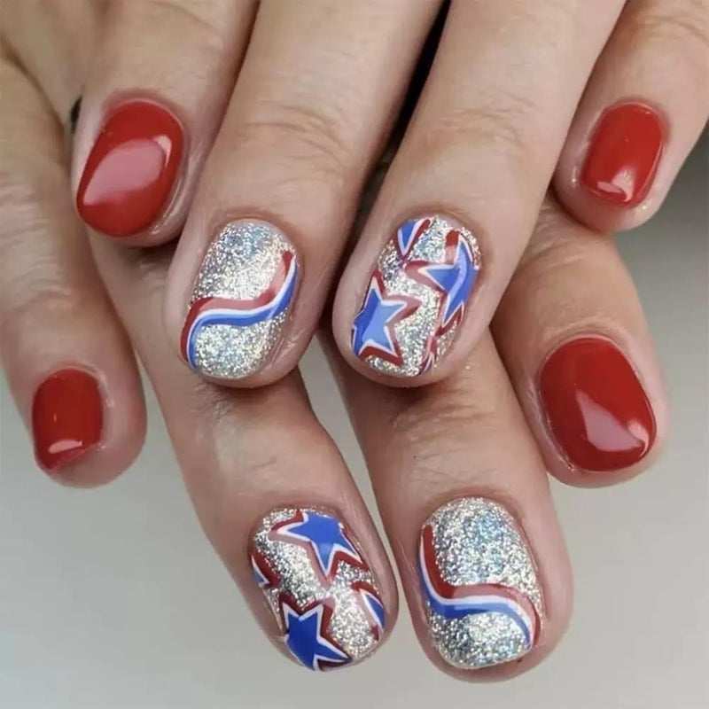 CTTHNBD 6 Packs (144 Pcs) 4th of July Press on Nails, Short Square Press on Nails, Star Fake Nails Red Blue Independence Day False Nails for Women, Stick on Nails Kit 12 Sizes-6Styles - Image 5