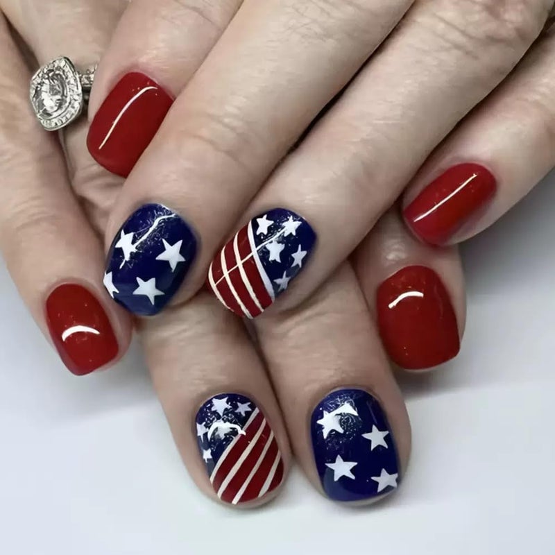 CTTHNBD 6 Packs (144 Pcs) 4th of July Press on Nails, Short Square Press on Nails, Star Fake Nails Red Blue Independence Day False Nails for Women, Stick on Nails Kit 12 Sizes-6Styles - Image 2