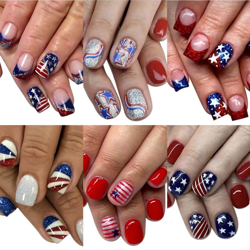 CTTHNBD 6 Packs (144 Pcs) 4th of July Press on Nails, Short Square Press on Nails, Star Fake Nails Red Blue Independence Day False Nails for Women, Stick on Nails Kit 12 Sizes-6Styles - Image 1