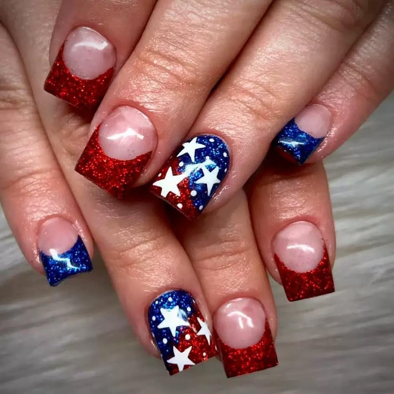 CTTHNBD 6 Packs (144 Pcs) 4th of July Press on Nails, Short Square Press on Nails, Star Fake Nails Red Blue Independence Day False Nails for Women, Stick on Nails Kit 12 Sizes-6Styles - Image 3