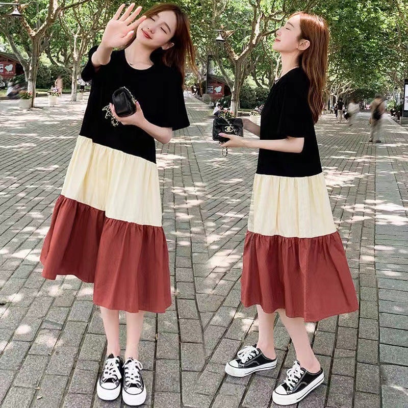 2024 Summer Maternity Fashion Color Block Knee-Length Dress T#718 Red