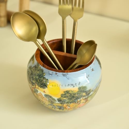 Brick Brown® Premium Wooden Saga Cutlery Holder Spoon Stand for Kitchen | Spoon Holder for Dining Table | Wooden Caddy Storage Organizer Stand with Removable Section Caddy Holder (5.7x5.7x4.5 inch) - Image 4