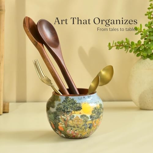 Brick Brown® Premium Wooden Saga Cutlery Holder Spoon Stand for Kitchen | Spoon Holder for Dining Table | Wooden Caddy Storage Organizer Stand with Removable Section Caddy Holder (5.7x5.7x4.5 inch) - Image 2