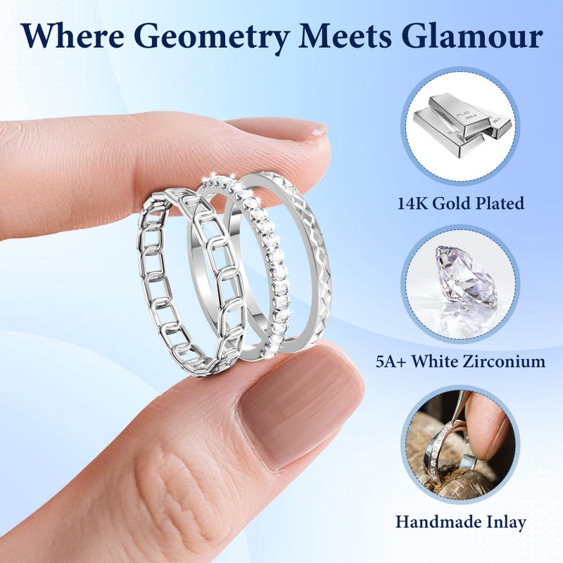 YWXTW 3 Pack 14K Gold-Plated Non Tarnish Stacking Rings for Oura Gen 4/Ultrahuman/Samsung/Diamond, Timeless Elegance White Zirconia Engagement/Promise Oura Stack Band Gift for Women Silver 8 - Image 3
