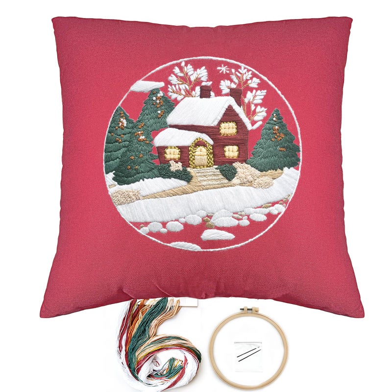 FONNUY Christmas Embroidery Kit for Beginners Throw Pillow Case Cross Stitch Set Winter Snow House Holly Tree Pattern for Adults Hand Works Crafts Throw Pillow Cover 18 x 18 Red - Image 3